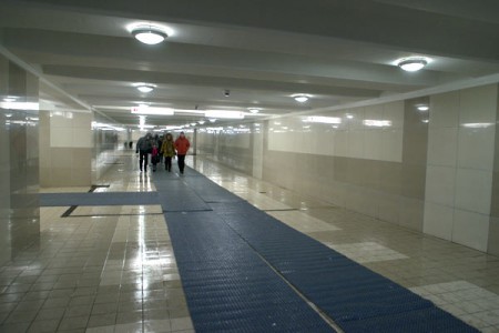 Подземный переход на площади Победы застелили ковриками. Фото Сергея Серебро