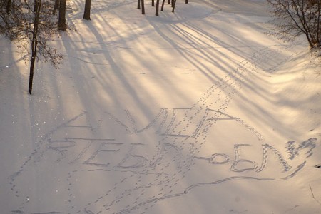 На снезе, зацерушыўшым русла Віцьбы, вытаптаныя прызнанні у каханні тром дзяўчынам: Алісе, Крысці і Наташы. Фота Сержука Серабро