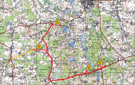 Примерная схема движения автомобиля (красным) и наблюдения НЛО из Королиново (желтым)