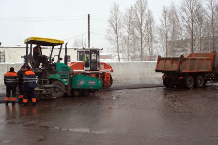 В Витебске в микрорайоне Зеленый городок сносят парники, косят по колено в снегу бурьян и укладывают в снегопад асфальт. Фото Сергея Серебро