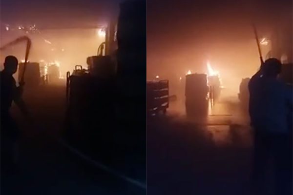 На заводе «Полоцк-Стекловолокно» произошел пожар в цехе непрерывной выработки стекловолокна. Скриншот из видеоролика