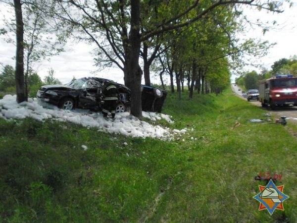 "В Чашникском районе «Škoda Octavia» вылетела в кювет и врезалась в дерево. Фото МЧС