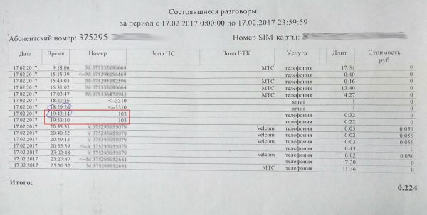 Распечатка звонков с мобильного телефона матери Ольги