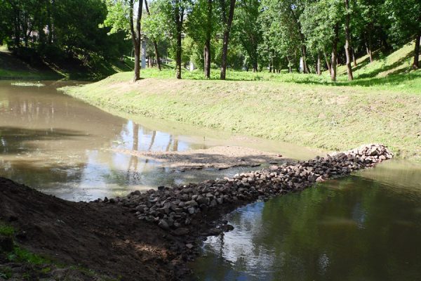В парке Фрунзе, на ручье Дунай в месте его впадении в Витьбу построили запруду из камней. Фото Юрия Шепелева