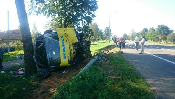 Под Оршей туристический автобус врезался столб и упал в кювет. Фото ГАИ