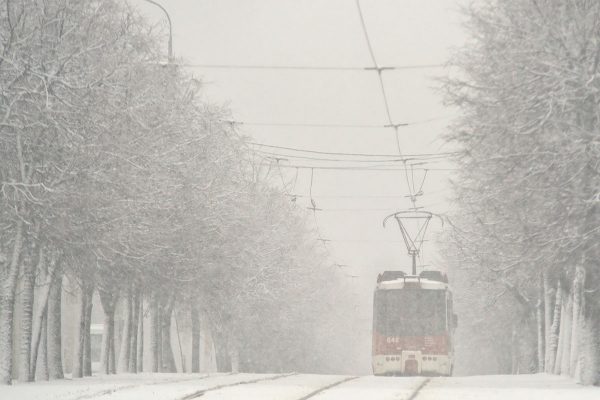 Трамвай на заснеженном Московском проспекте в Витебске. Фото Сергея Серебро