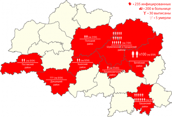 Карта распространения коронавируса COVID-19 по Витебской области на 8 апреля