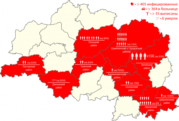 арта распространения коронавируса COVID-19 по Витебской области на 10 апреля