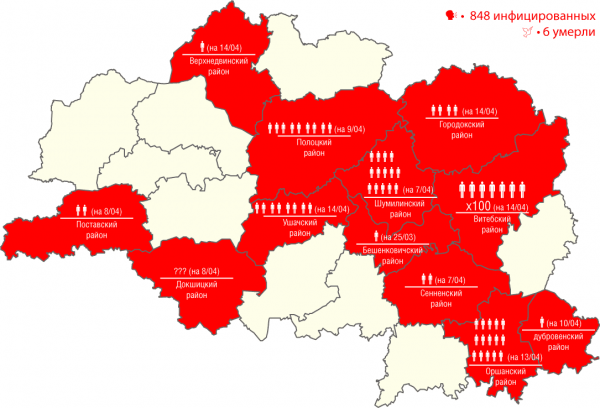 Карта распространения коронавируса COVID-19 по Витебской области на 14 апреля