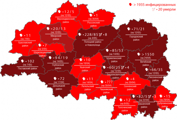 Карта распространения коронавируса COVID-19 по Витебской области на 14 мая