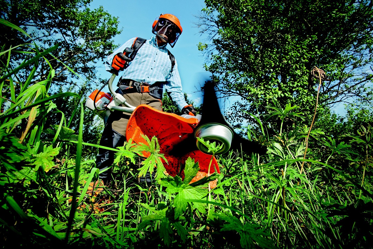 Мужчина косит траву мотокосой. Триммер. Газон. Фото pixabay.com